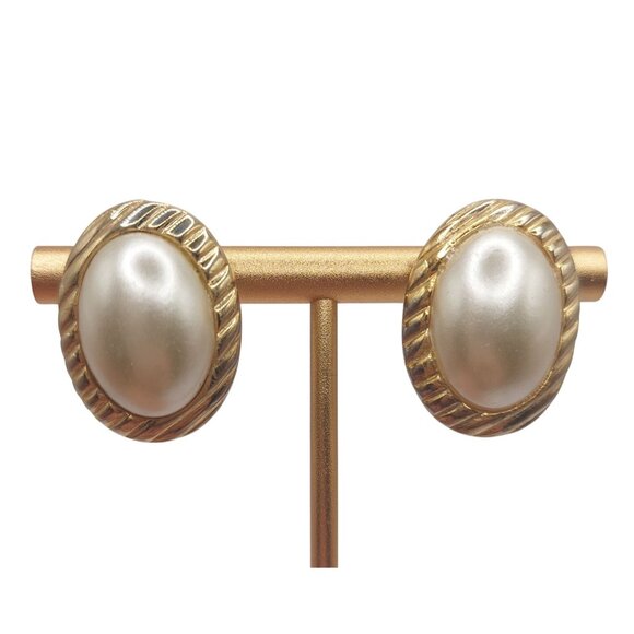 Vintage Faux Pearl & Gold-Tone Post Back Earrings - Picture 1 of 4